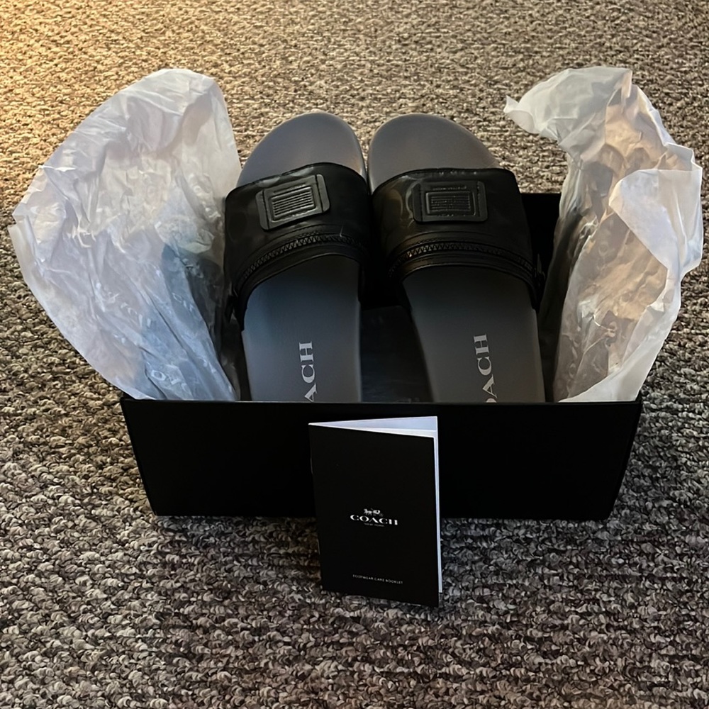 Coach Zipper-Pocket Pool Slides, Size 11 in Black and Gray.
